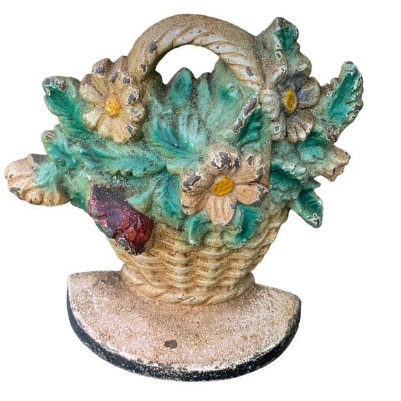 Antique Cast Iron Hubley Door Stop Basket of Flowers Primitive Farmhouse Country